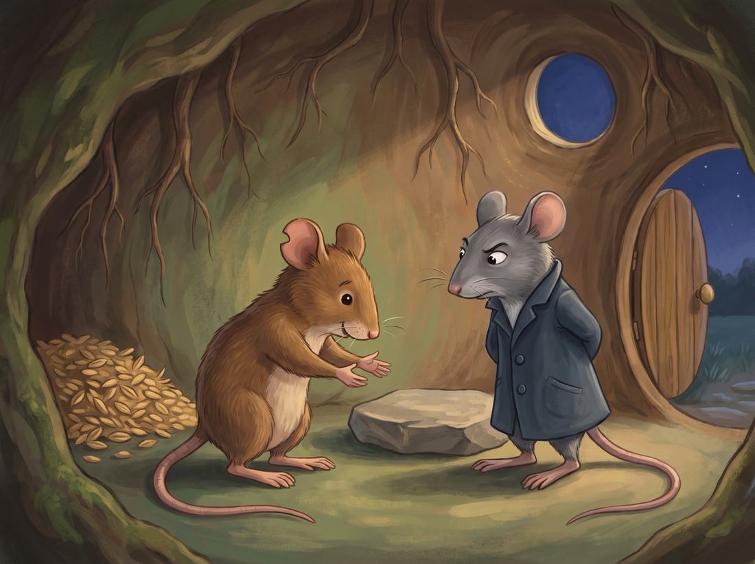 Inside the burrow, the country mouse offers the town cousin in his buttoned coat a stone for a chair.