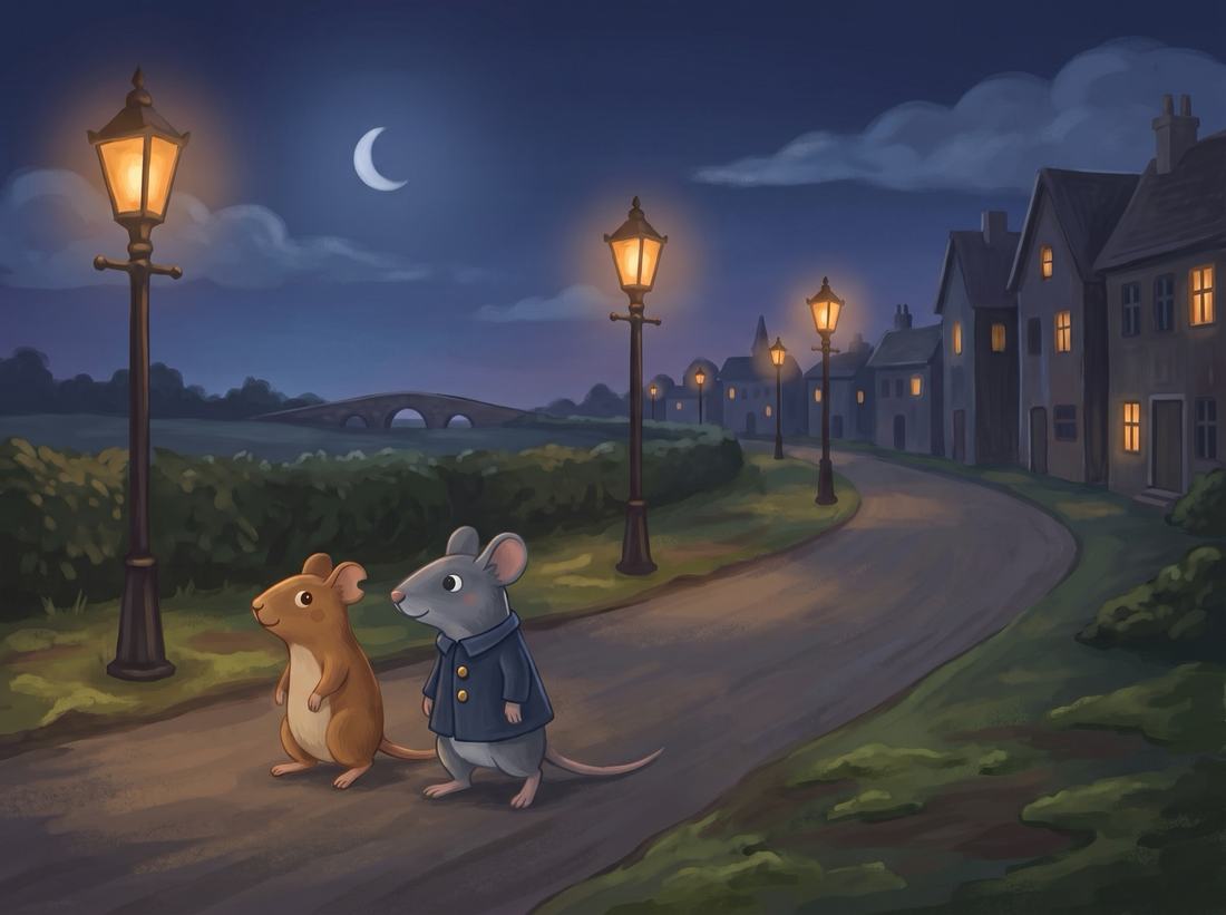 The two mice walk toward town along a road lit by street lamps.
