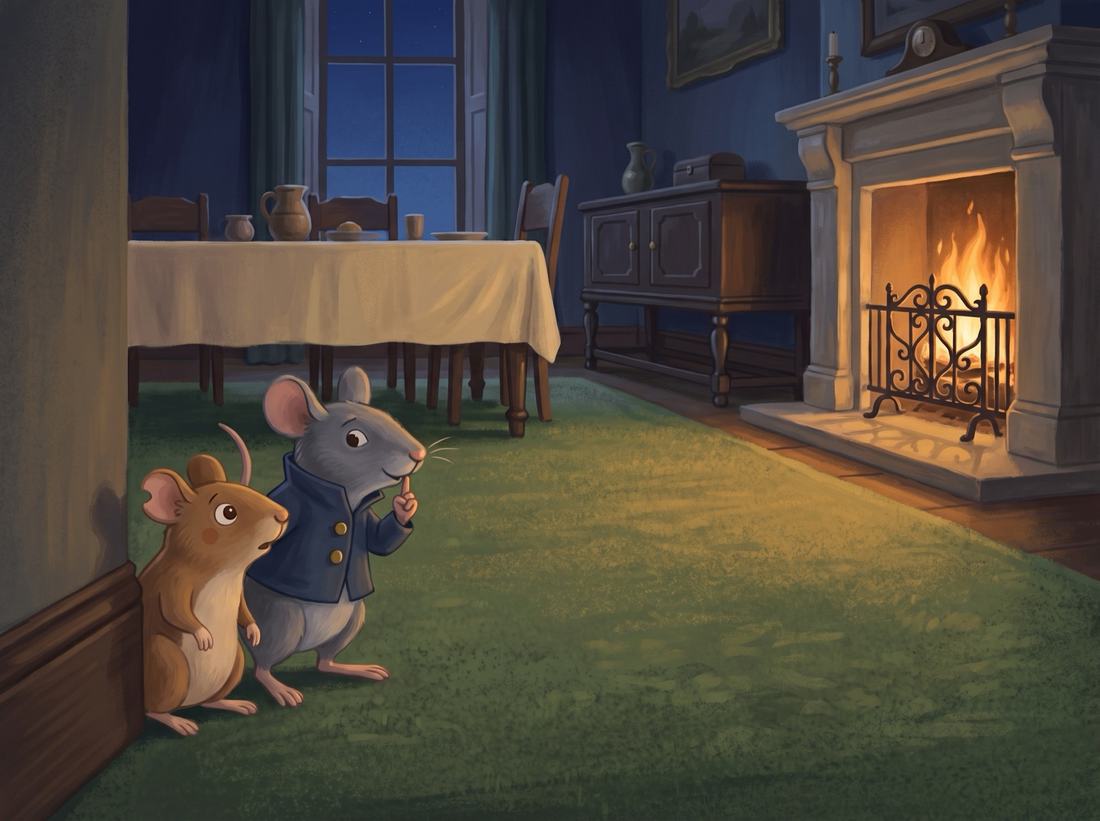 The two mice peek into a big warm room with a carpet and a fire.