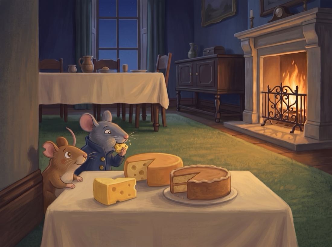The country mouse and the town cousin peek over a table of cheese and cake by the fire.