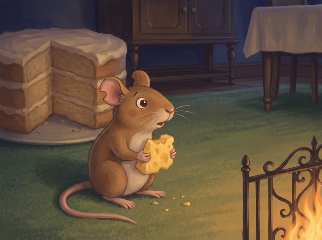 The country mouse holds a piece of cheese beside a tall cake with a slice gone.