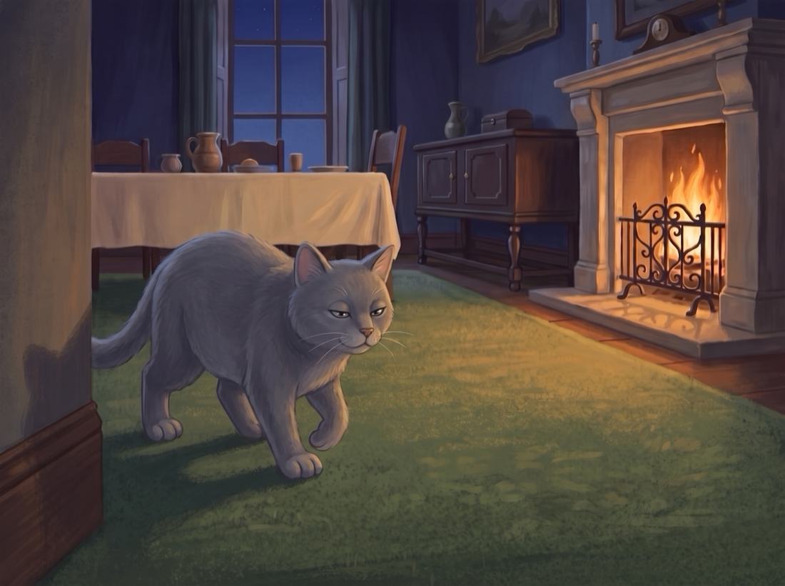 A big grey cat walks silently across the carpet.