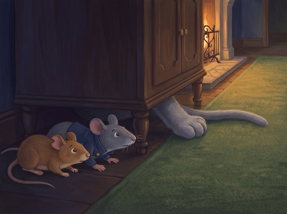 The two mice press flat under the cupboard while the cat’s paw reaches in.