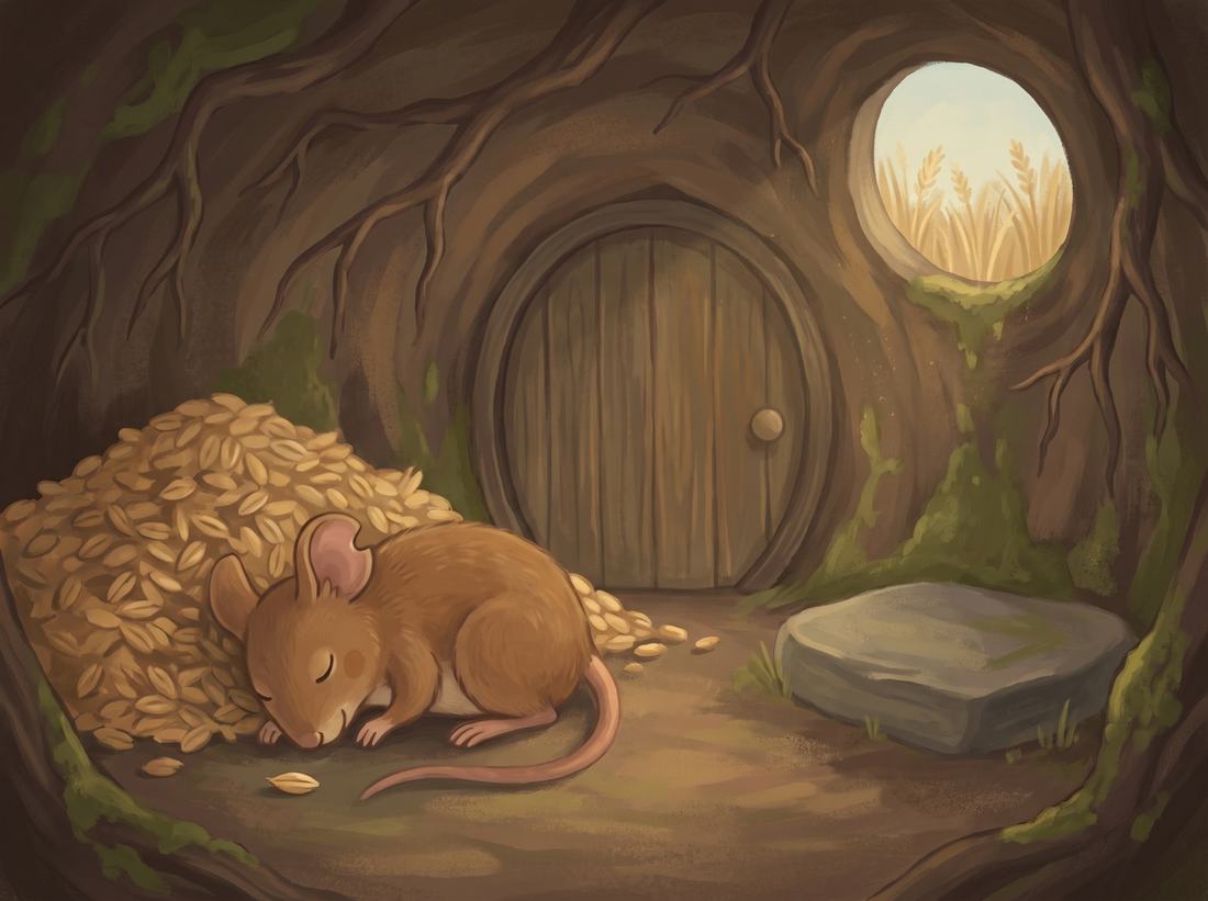 Back home in the burrow, the country mouse sleeps curled up by the store of grain.