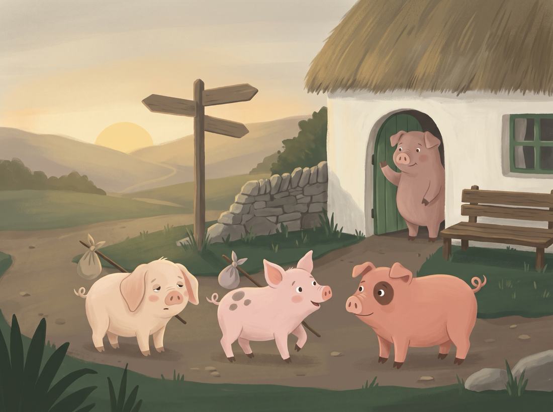 Three little pigs set off from their mother’s thatched cottage with bundles on sticks.
