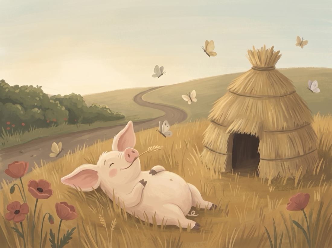 The first pig naps in the sun beside his little straw house.