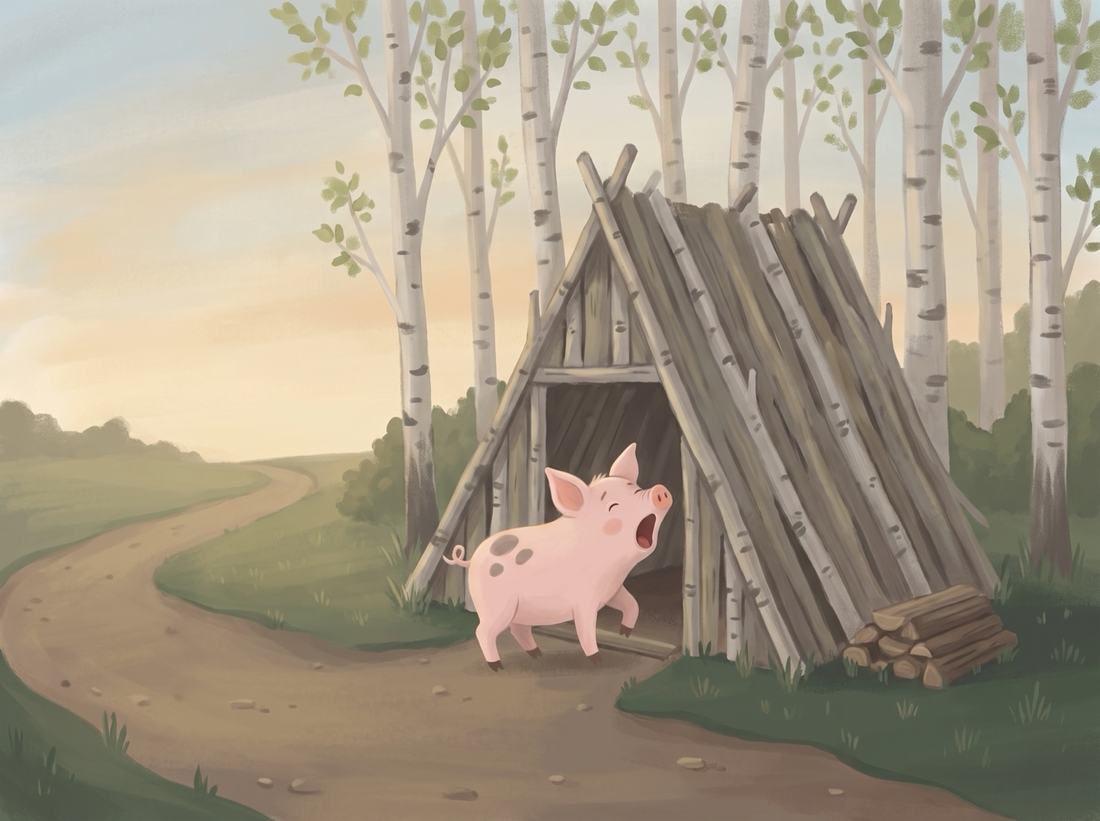 The second pig stands in the doorway of a house made of leaning sticks.