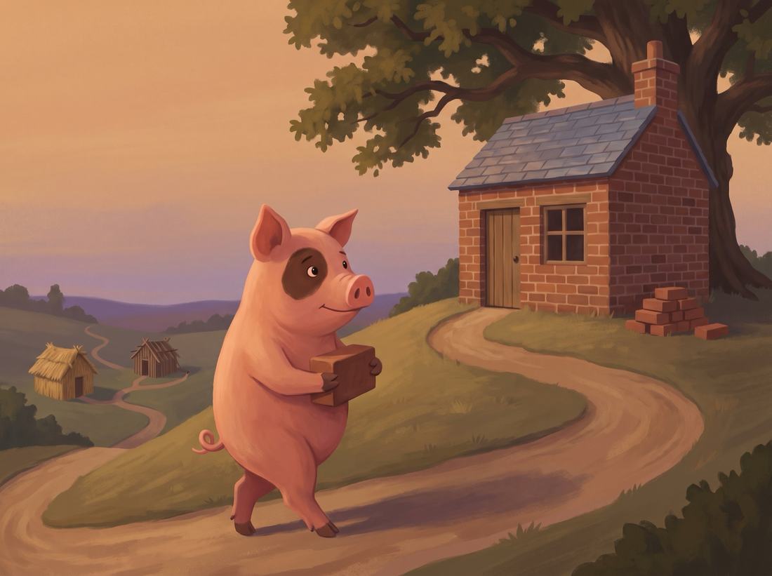 The third little pig carries bricks up the lane toward a small brick house.