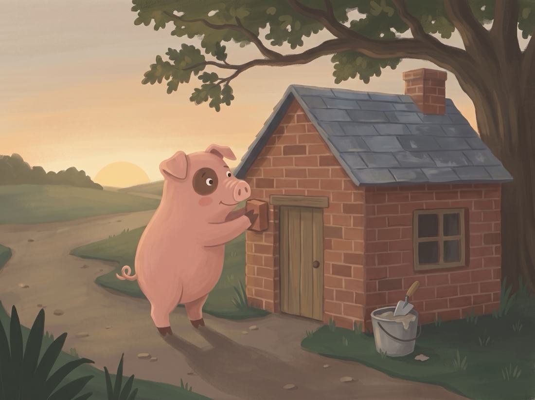 The third pig lays the last bricks of a little brick house as the sun goes down.