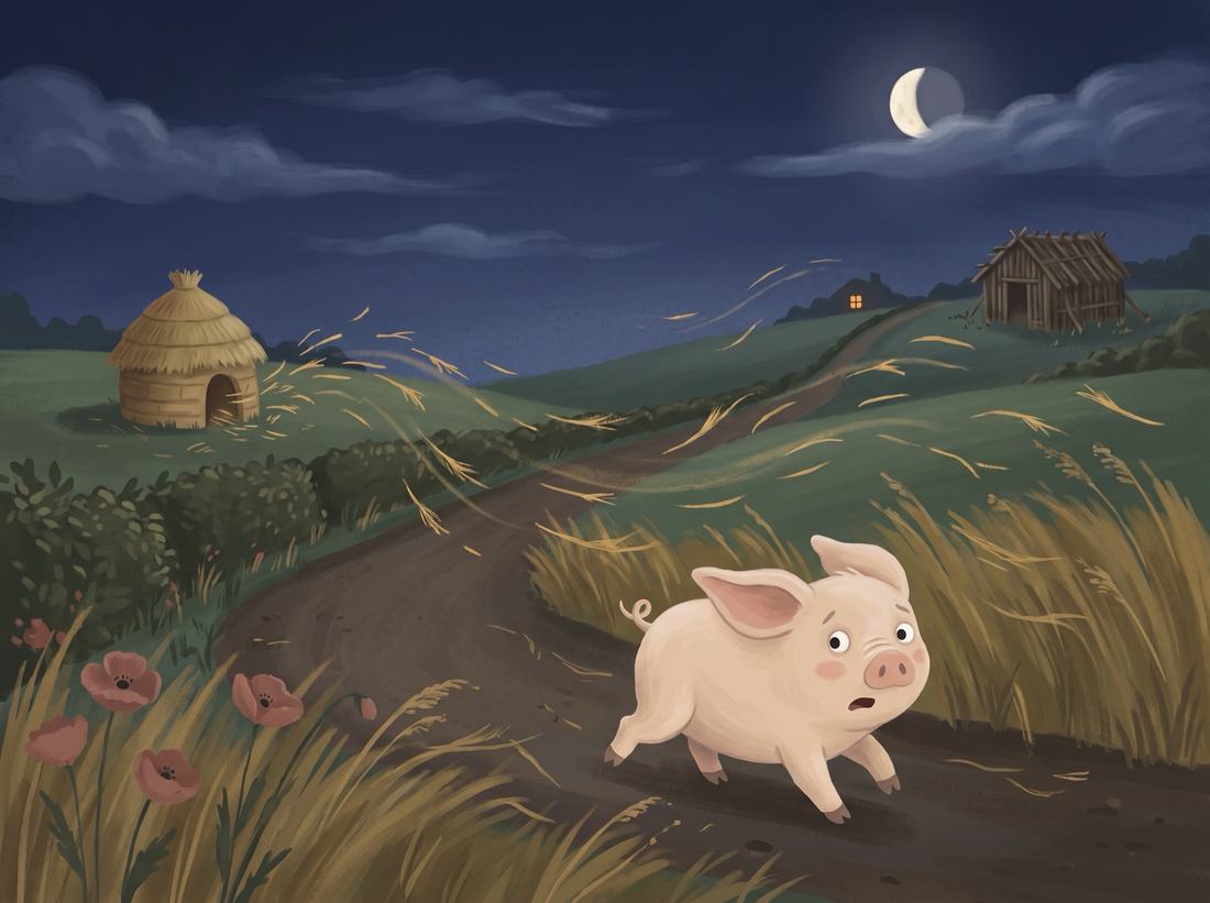 The wind blows straw across the lane as the first pig runs for it.