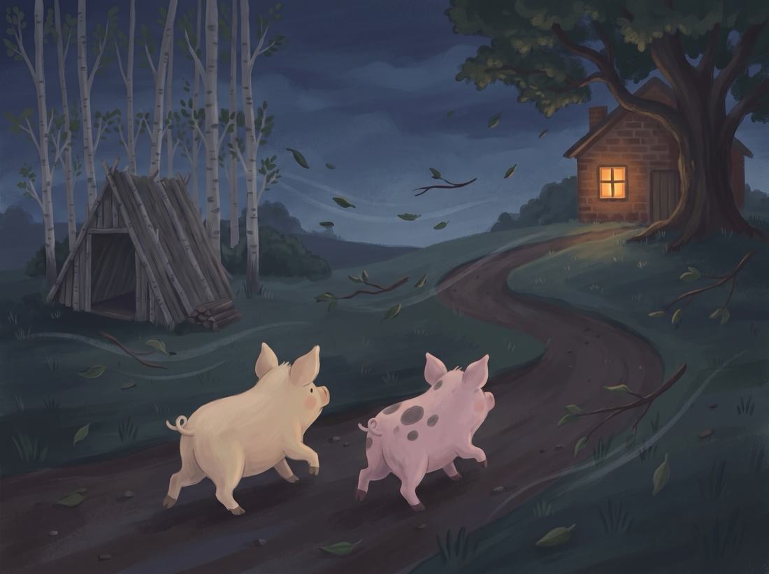 Two pigs run through the windy night toward the brick house with a light in the window.