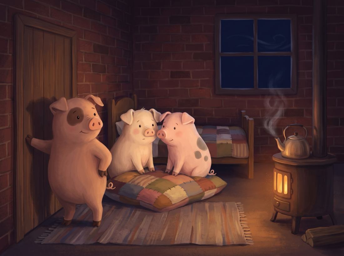 Inside the brick house, the third pig leans on the door while the other two sit by the stove.