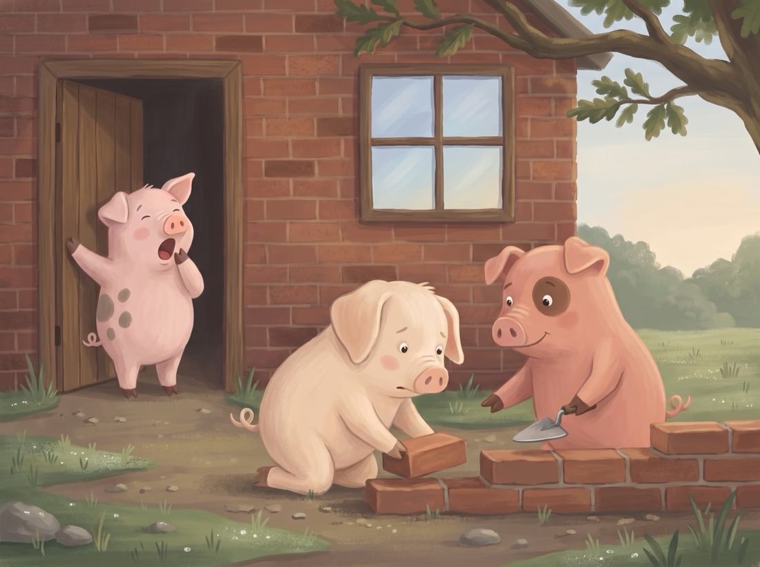 In the morning, the third pig shows the first pig how to lay bricks.