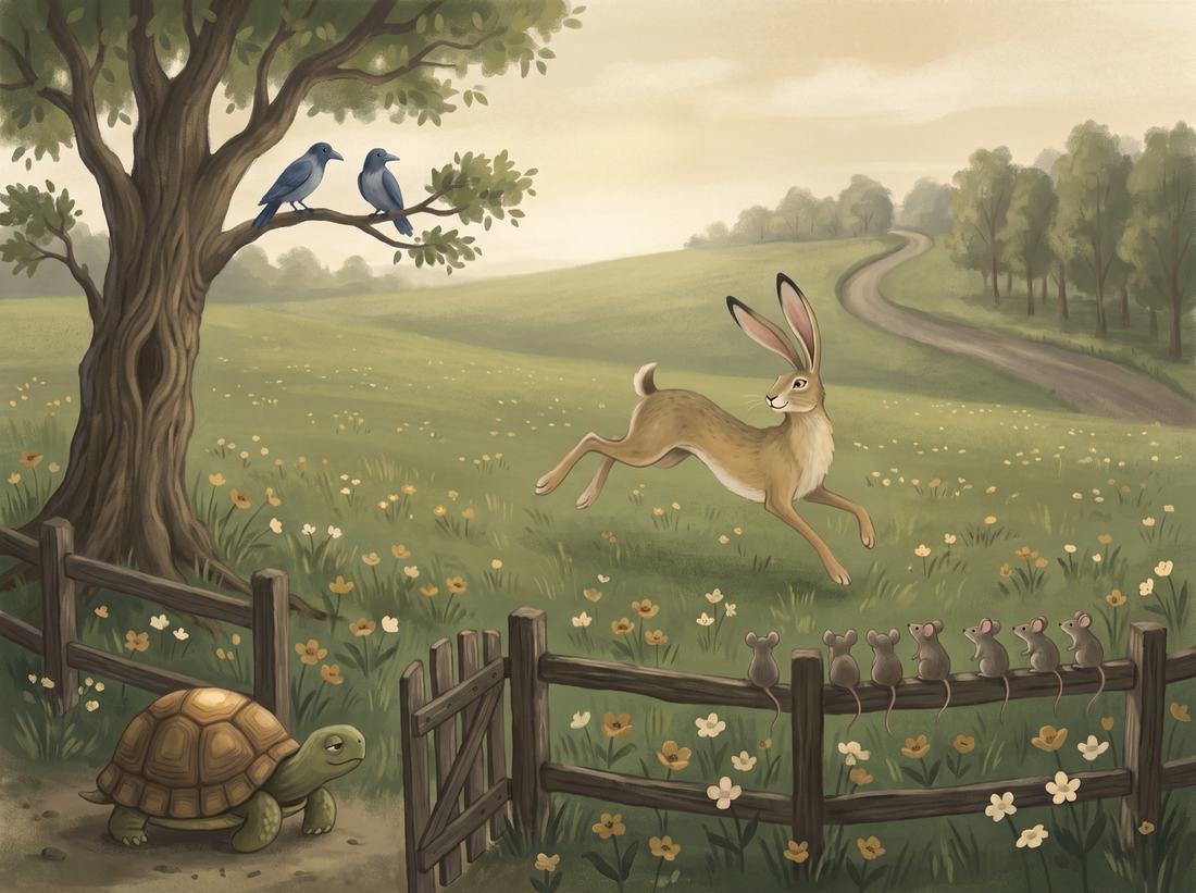 A hare leaps across a green meadow while a tortoise watches from beside a wooden gate.