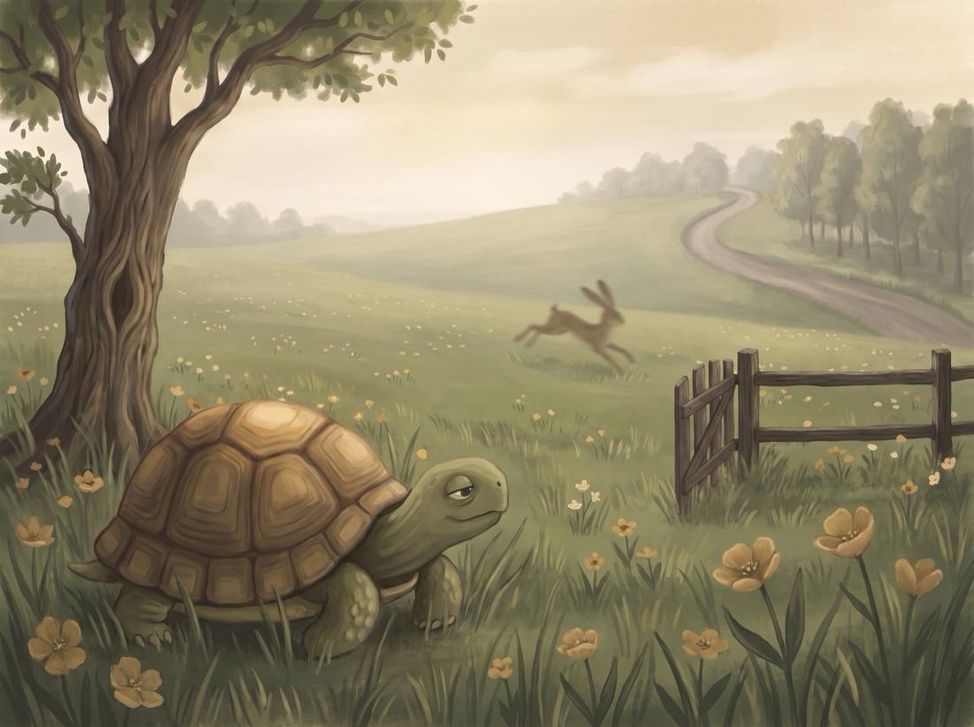 A tortoise walks through the meadow grass while the hare races off in the distance.