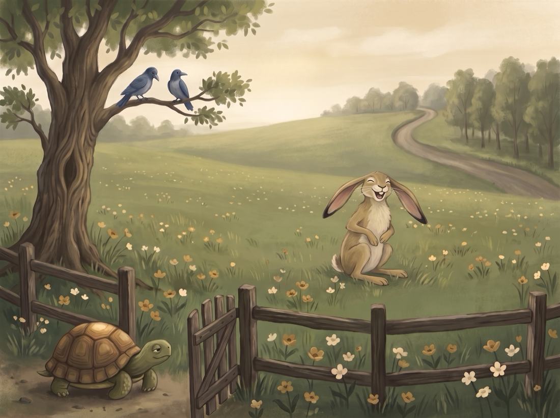 The hare sits laughing in the meadow as the tortoise looks on.