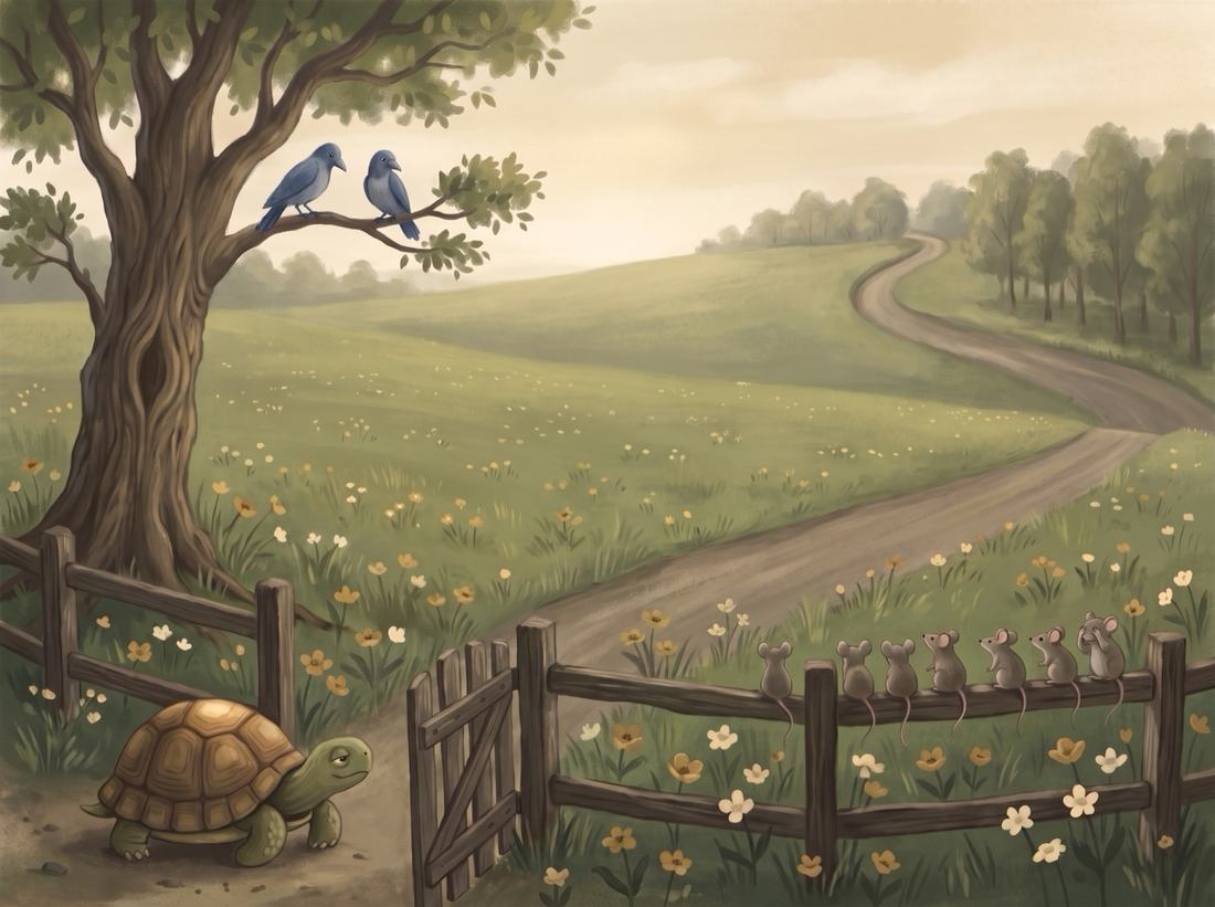 The tortoise sets off from the gate, one step at a time.