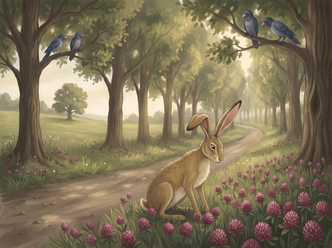 The hare stops in a patch of clover halfway up the hill.