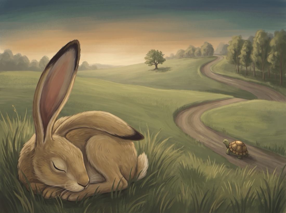 The hare sleeps in the grass while, far down the road, the tortoise keeps walking.
