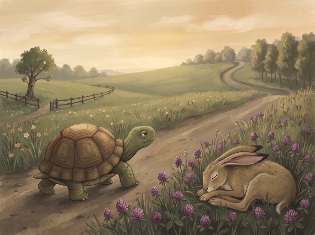 The tortoise walks past the sleeping hare.
