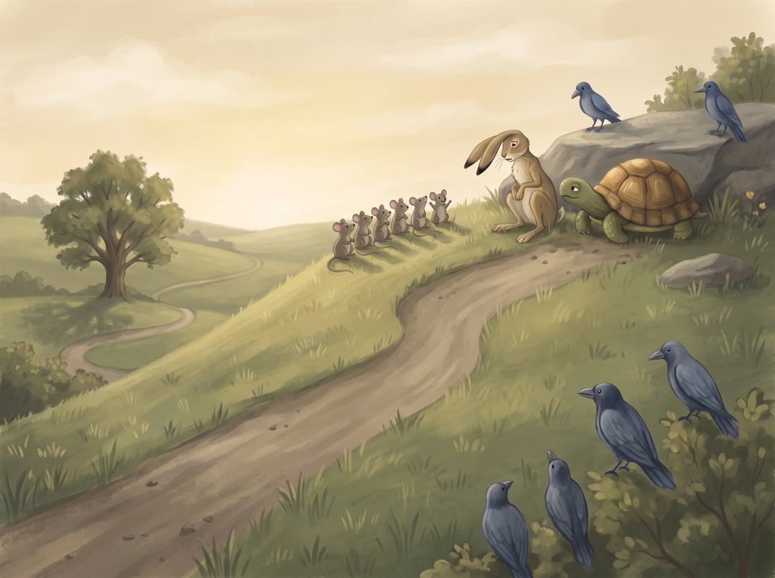 The tortoise waits by the flat stone at the finish as the hare arrives.